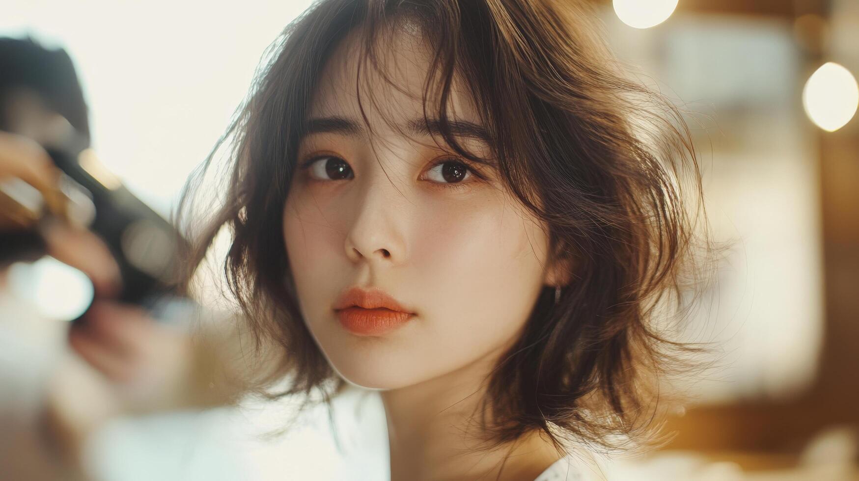 Close-up portrait of a young woman with short, wavy hair. photo