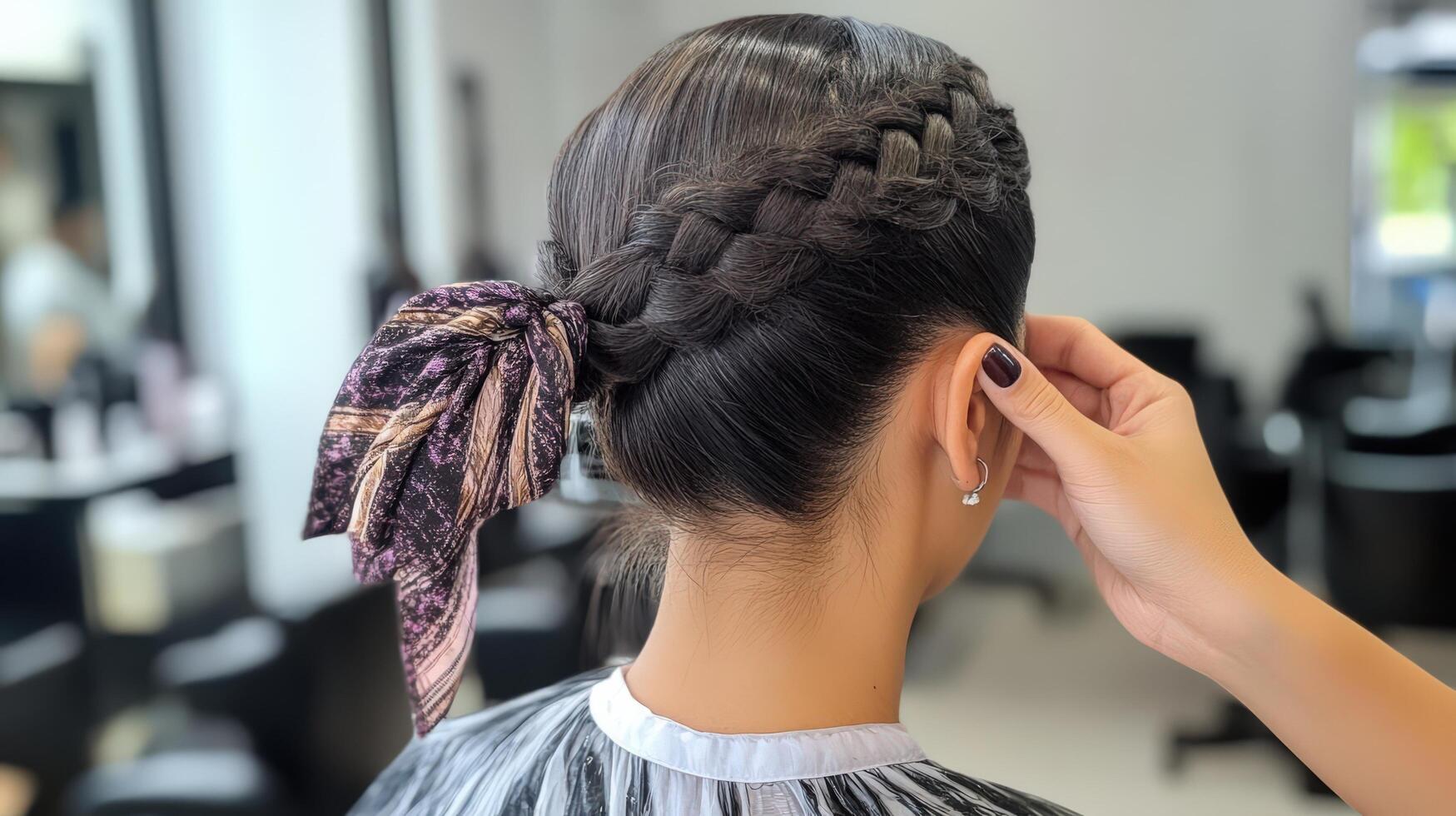 Stylish braided hairstyle adorned with a patterned scarf. photo