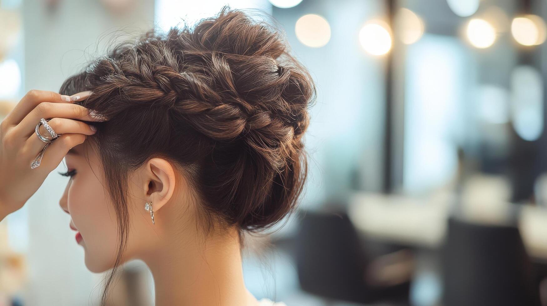 Elegant braided updo hairstyle being styled in a salon. photo