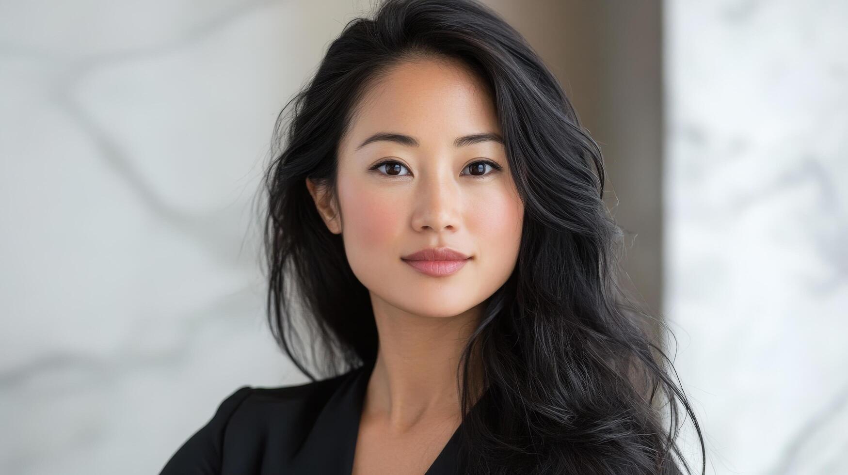 An asian woman with long black hair and a black blazer photo