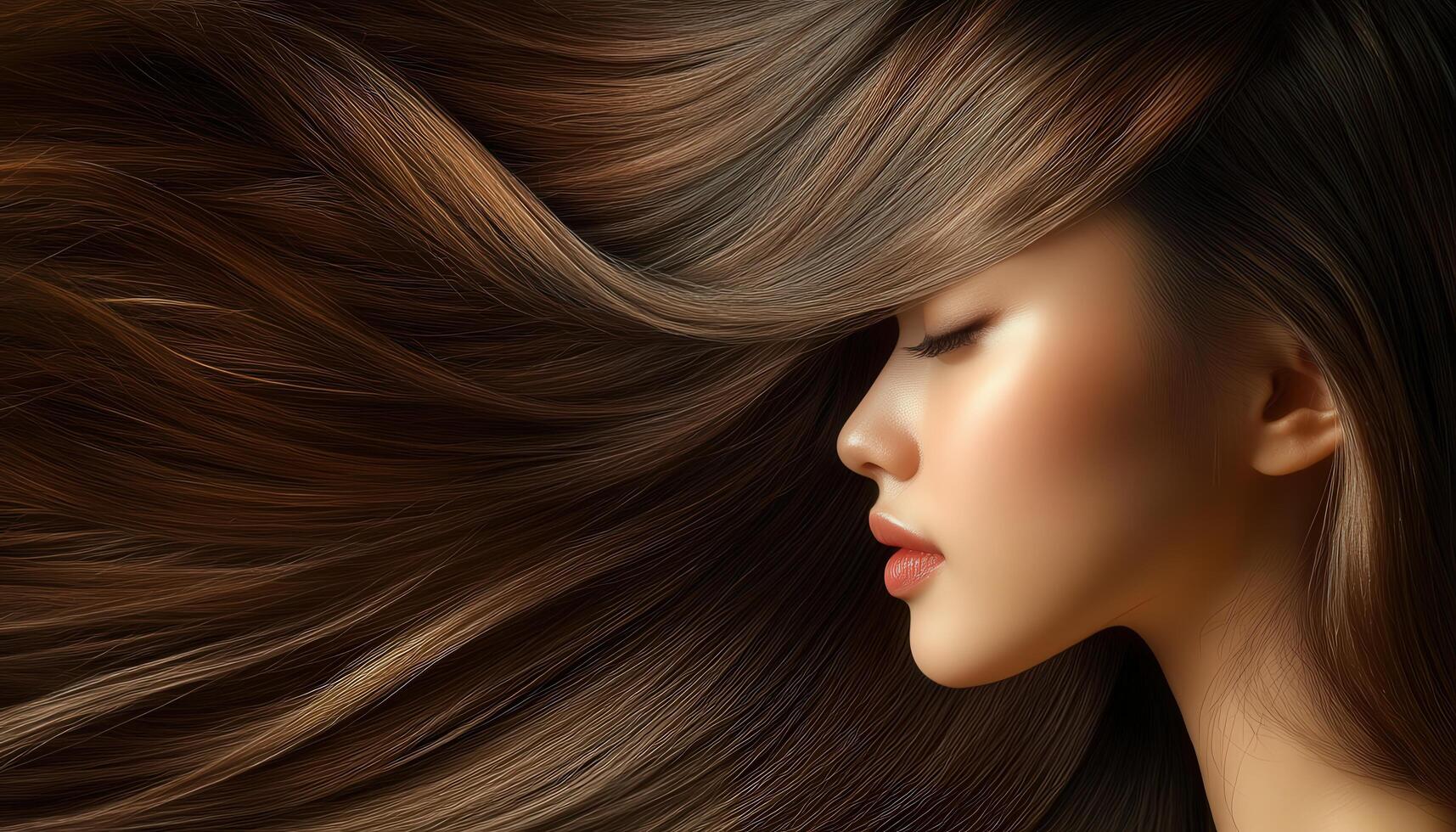 A portrait of a person with luxurious, flowing brown hair. photo