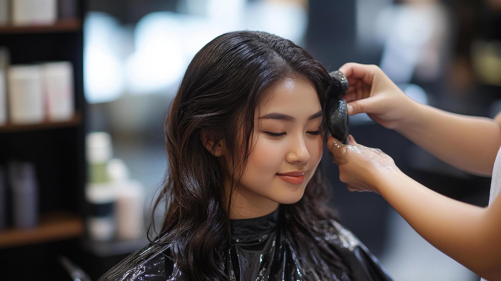 A woman getting her hair cut at a salon photo