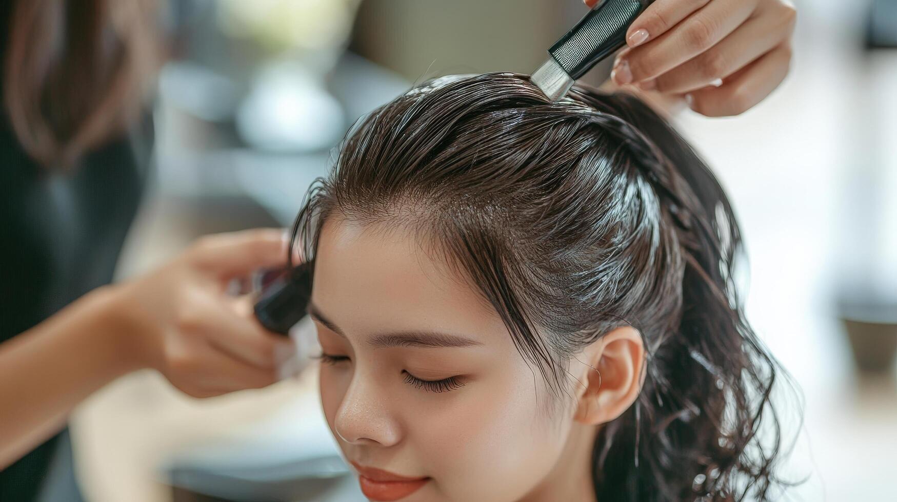 Close-up view of a person's wet hair being styled. photo