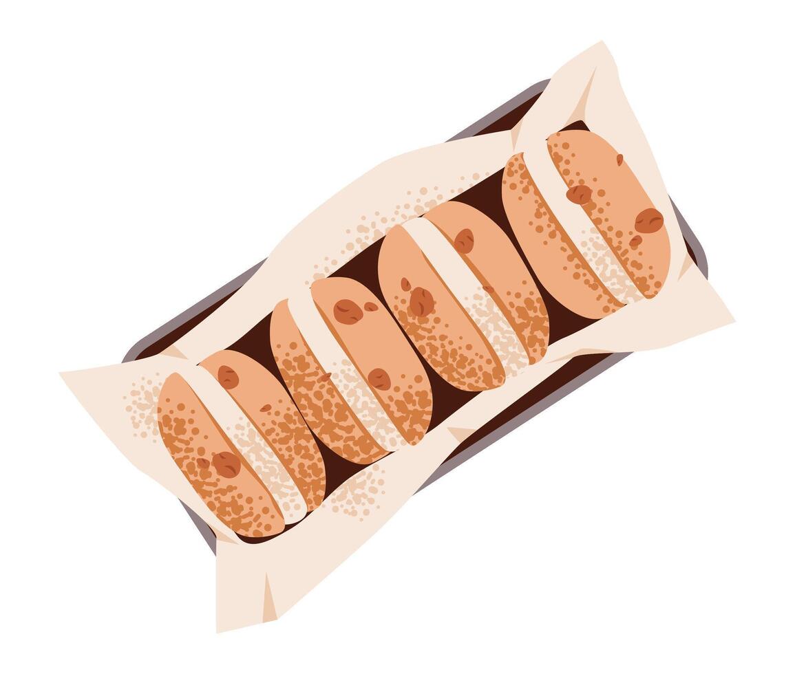 Colorful flat illustration of festive cookies and macarons with chocolate and raisins. A sweet homemade dessert. Crunchy baked sweets with festive toppings on a baking tray. vector