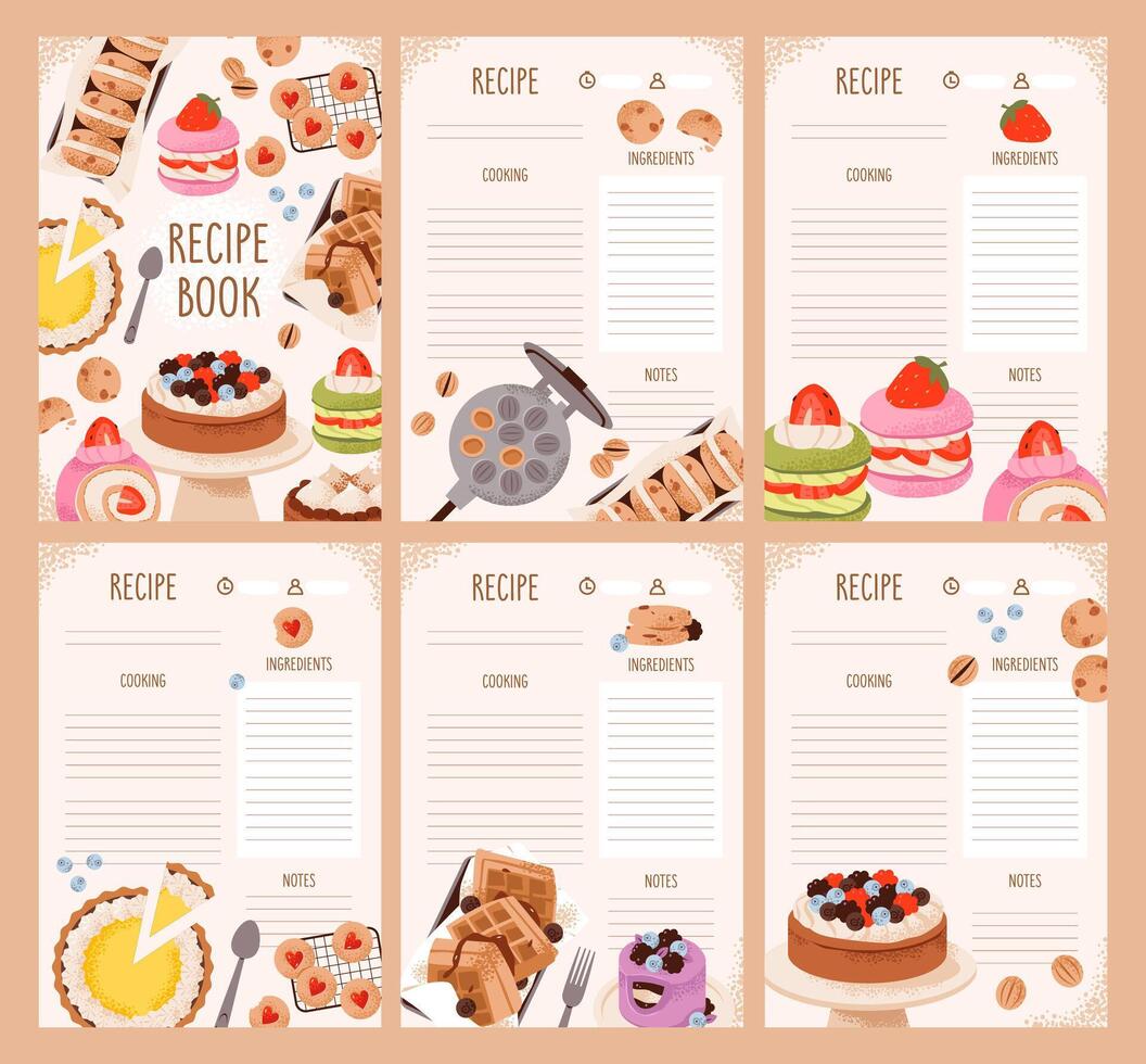 Flat illustration of dessert recipe sheets with cupcakes, cookies, and pie. Organized recipe pages with sweets and bakery illustrations. Homemade desserts, ingredients vector