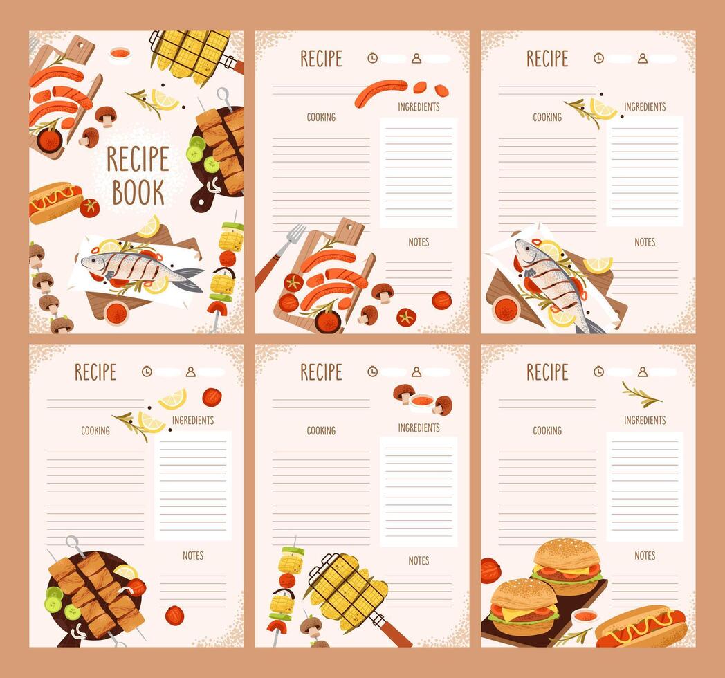 Recipe sheets. BBQ recipe planner. Features grilled meat, vegetables, and picnic ingredients. Flat illustratio. vector
