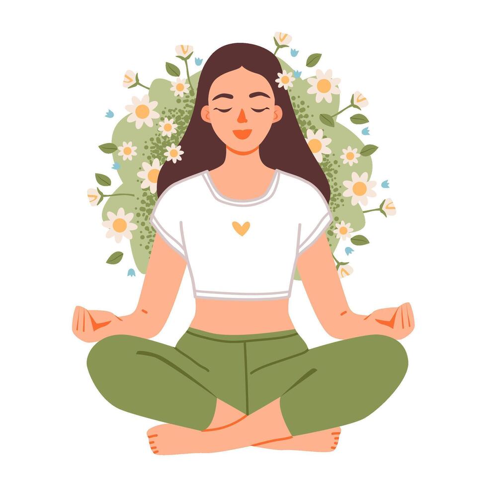 Flat illustration of a woman practicing yoga and mindfulness. Mindful lifestyle and inner harmony concept in pastel tones. vector