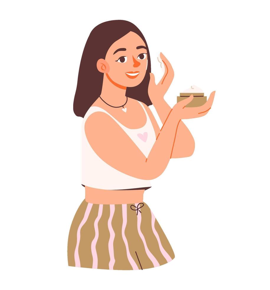 Flat illustration of a womans skincare routine featuring organic cream and facial care. Female character practicing daily skincare with herbal products. vector