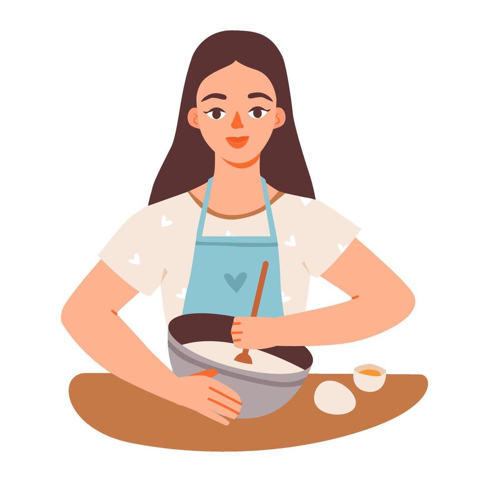 Cheerful female character preparing a meal in a kitchen. A positive scene for food, recipe, and cooking content in flat style. vector