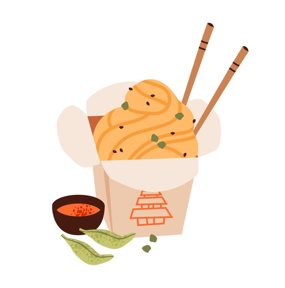 Flat illustration of delicious noodles in a bowl with chopsticks. Warm and cozy bowl of noodles with steam and spices. Asian comfort food. vector