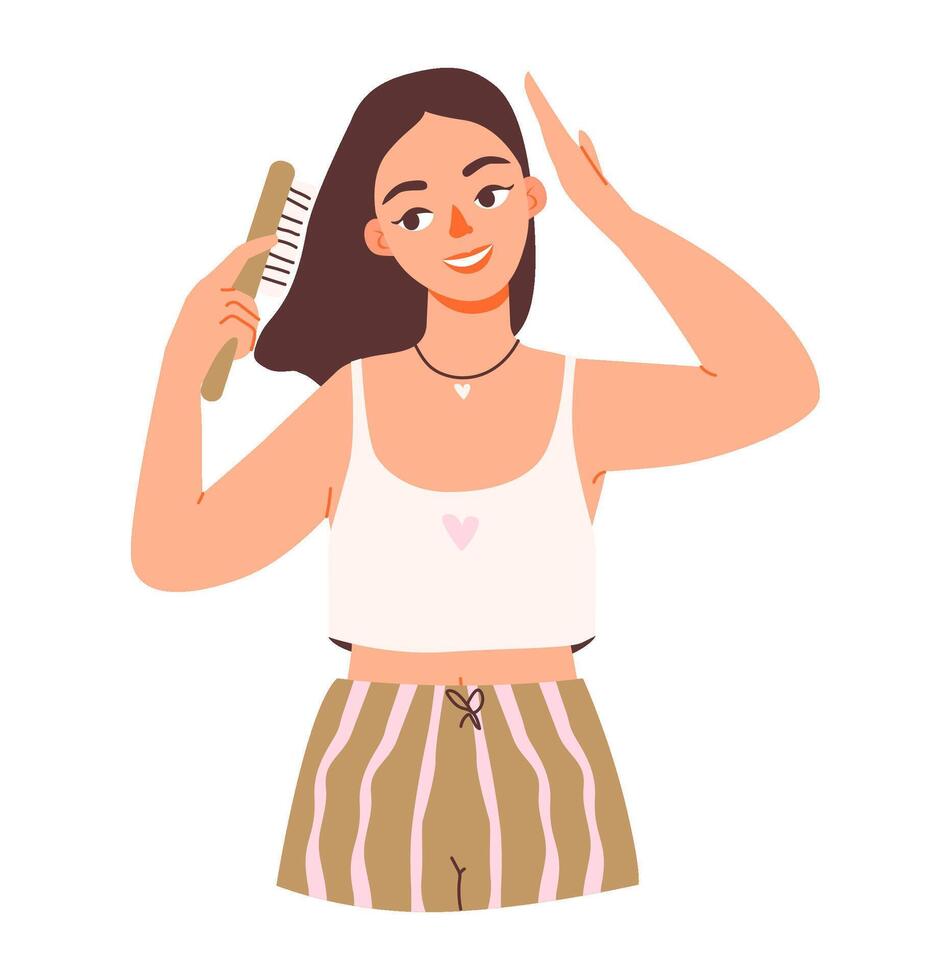A woman combs her hair. Flat illustration of a womans daily beauty routine. vector