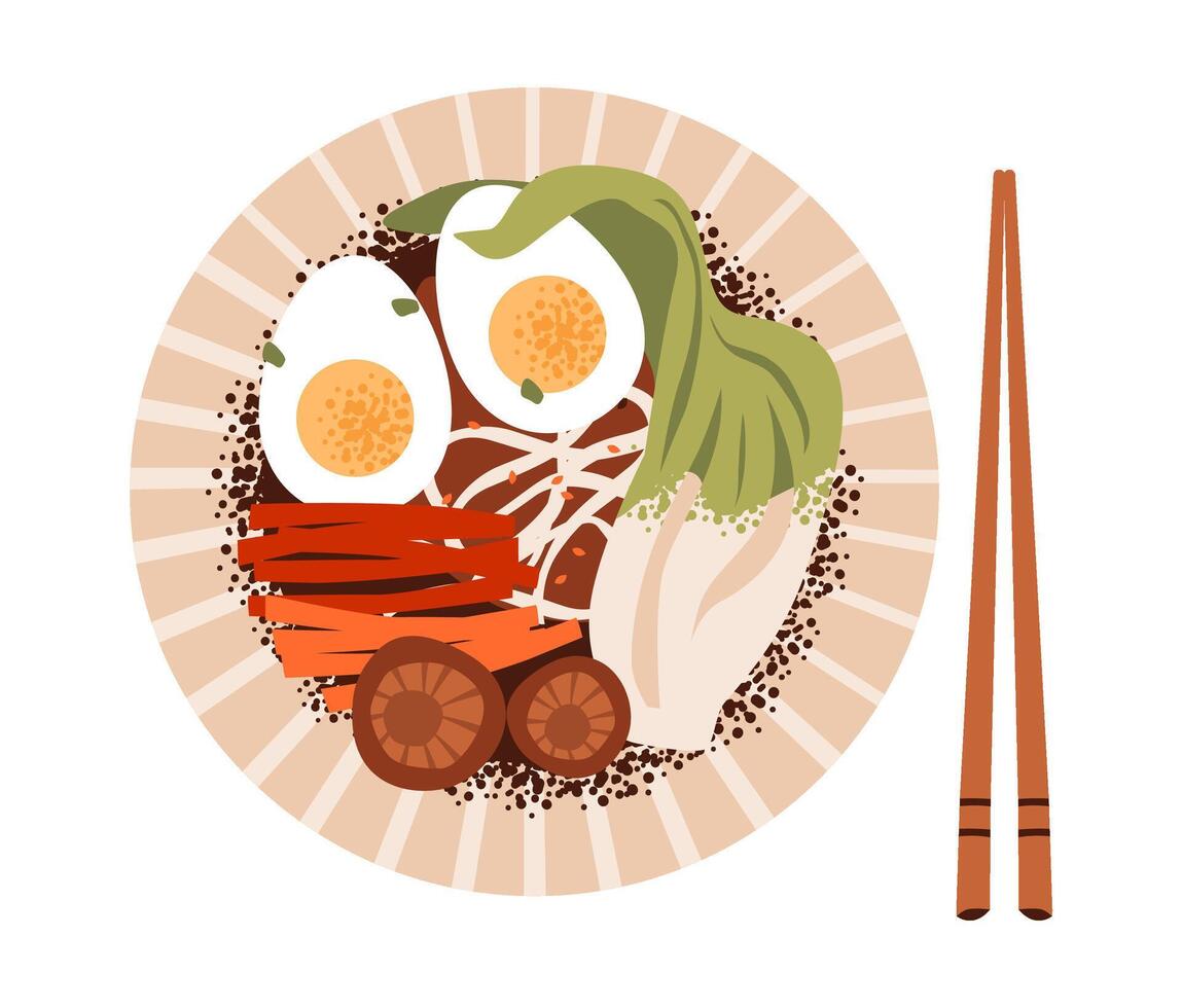 Ramen bowl with chopsticks and steam in flat style. Traditional Japanese soup with noodles, egg, and broth. vector