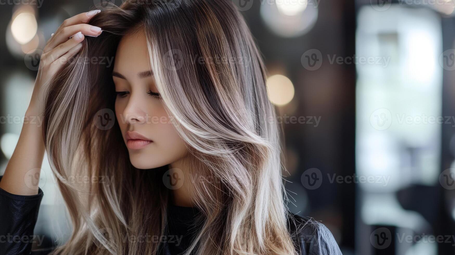 A woman with beautifully styled, highlighted hair. photo