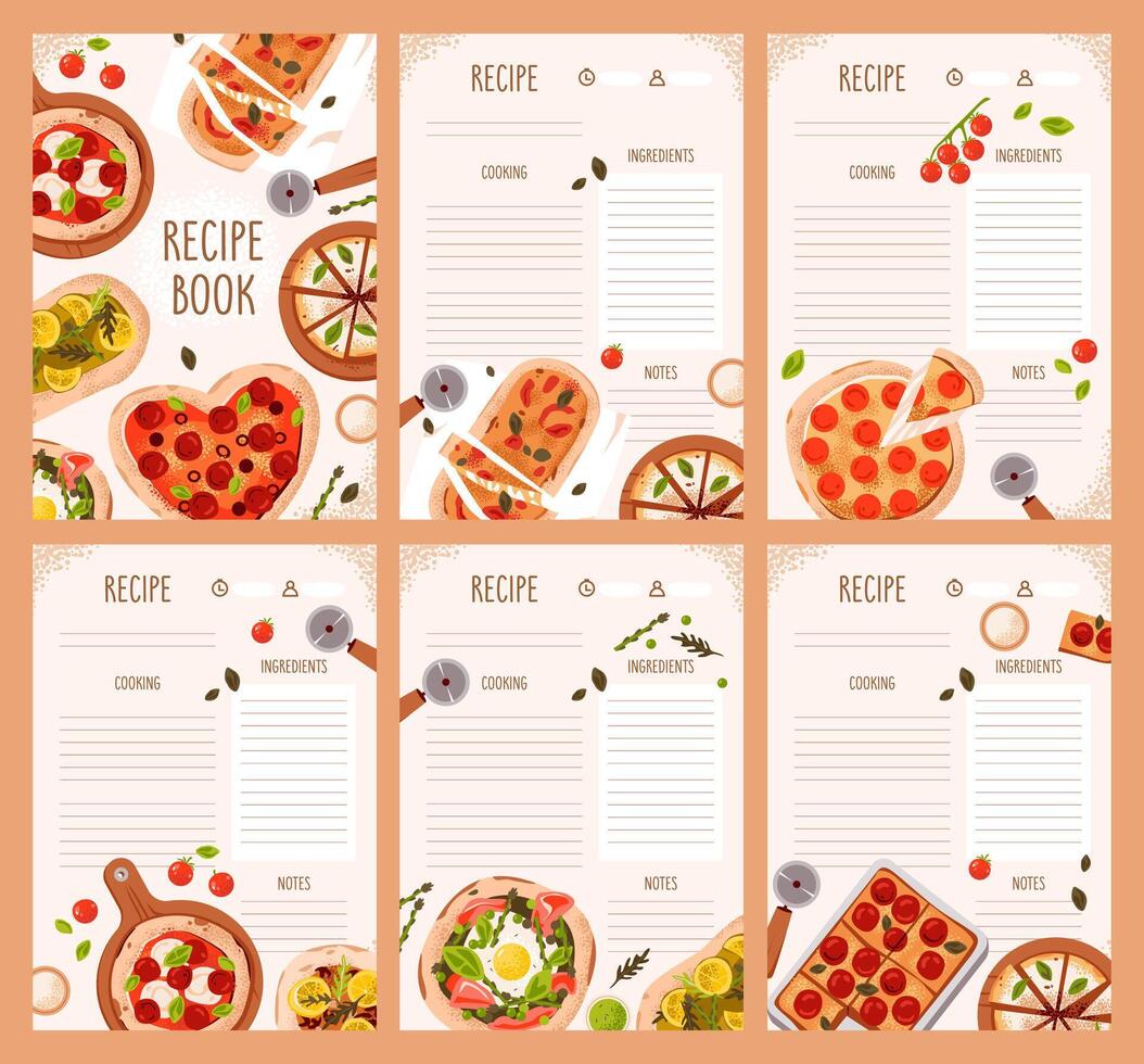 Pizza recipe sheets featuring margherita, pepperoni, and cheesy toppings. Includes ingredients, meal planning, and culinary elements. Modern pizza cookbook design in flat style. vector