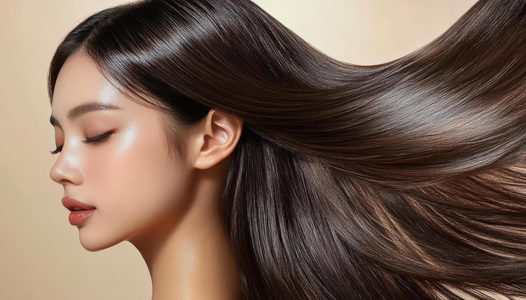 Smooth, dark hair cascading down a beautiful woman's face. photo