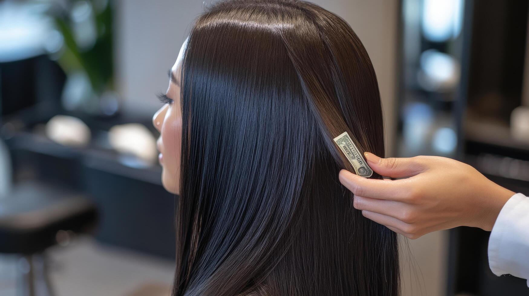 Close-up view of a woman's smooth, dark hair being treated in a salon. photo