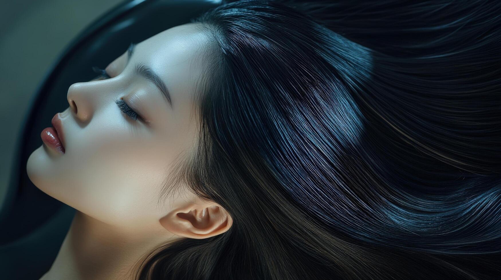 A serene young woman with flowing dark hair. photo