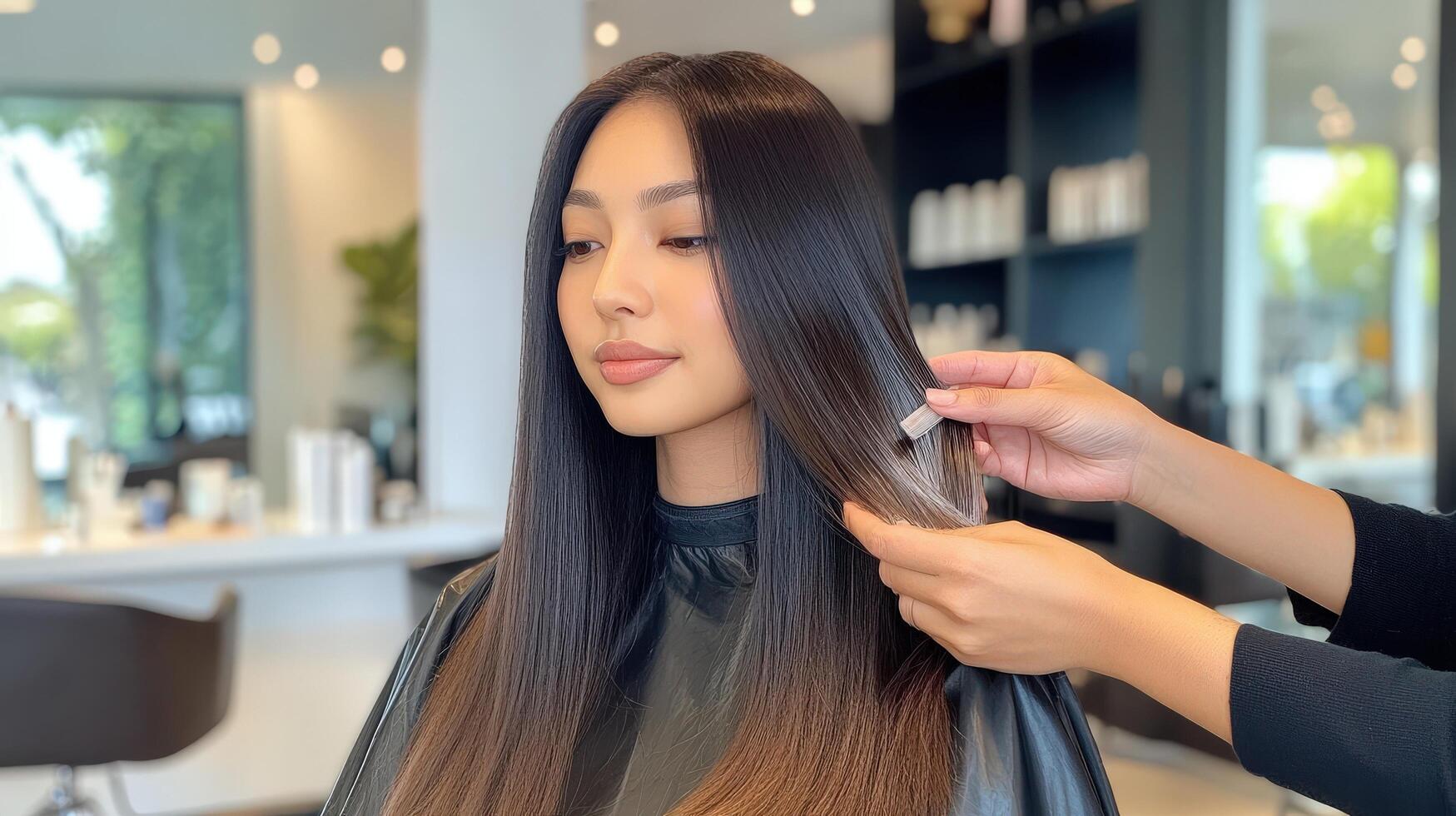 A woman's long, sleek hair being styled in a salon. photo