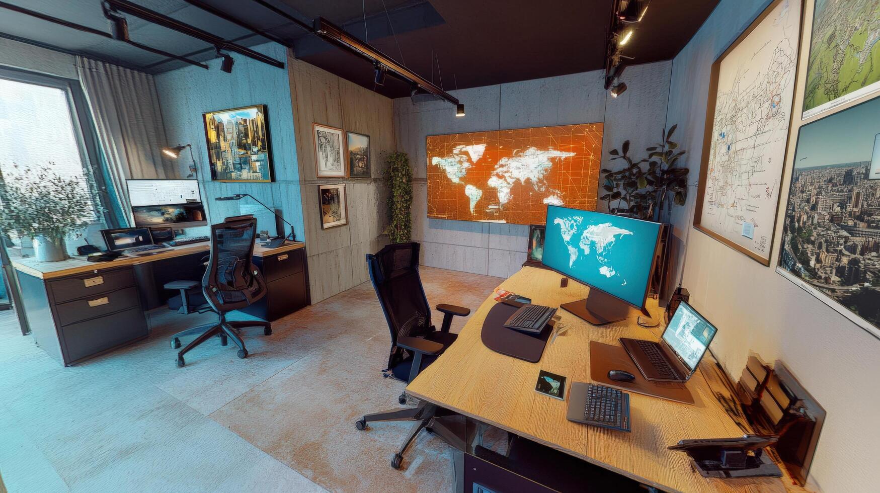 Modern, minimalist office space with exposed concrete and wooden surfaces. photo