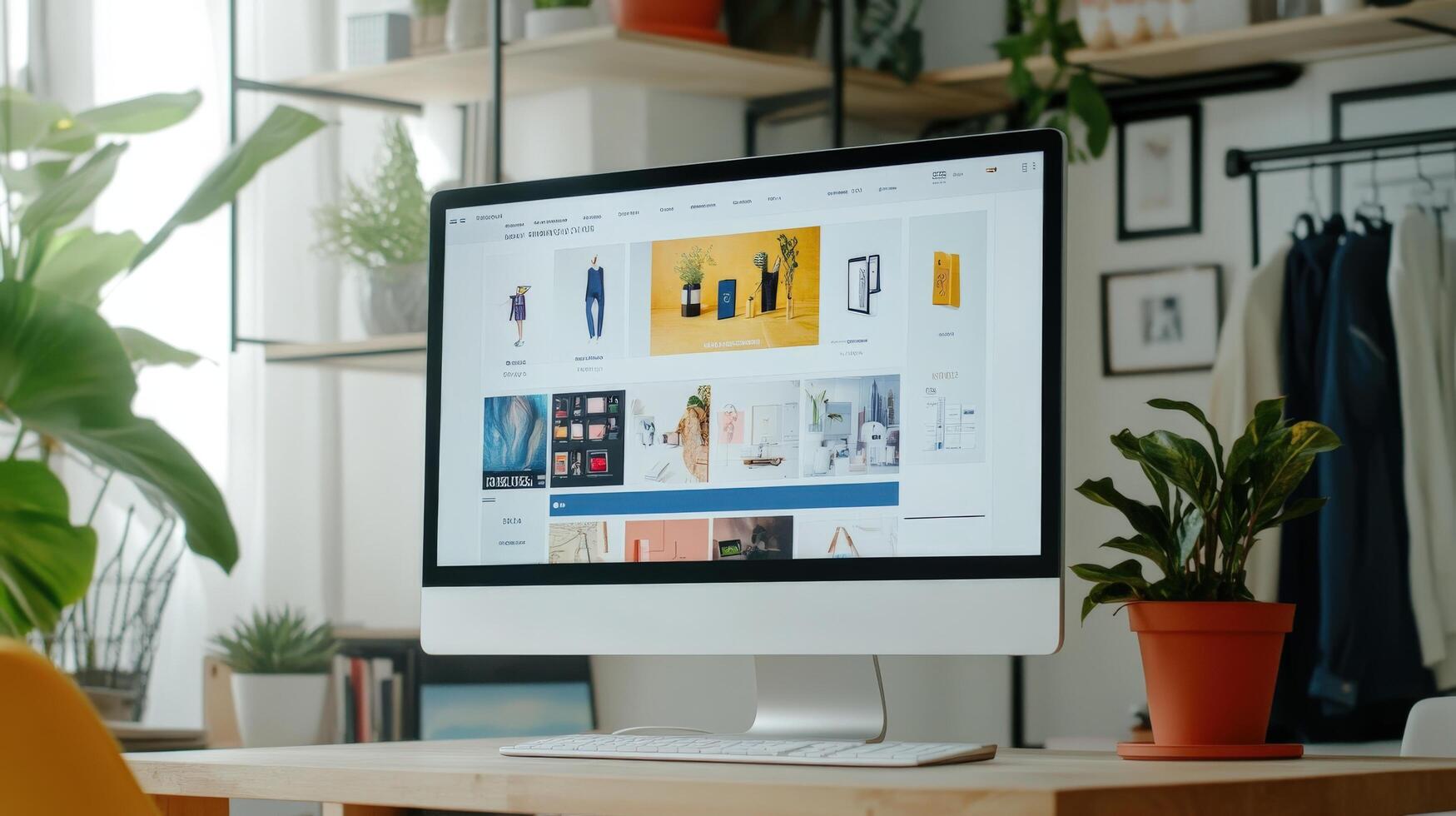 Modern home office workspace with computer displaying online products. photo