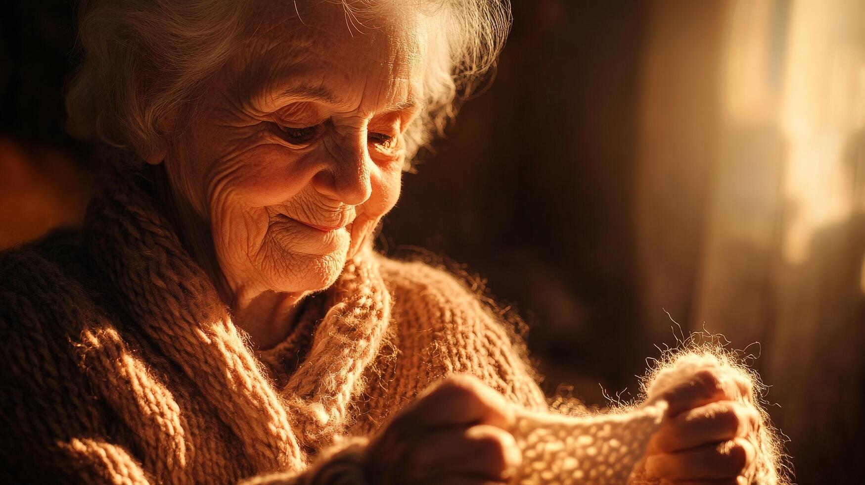 Elderly woman engrossed in a craft, bathed in warm sunlight. photo
