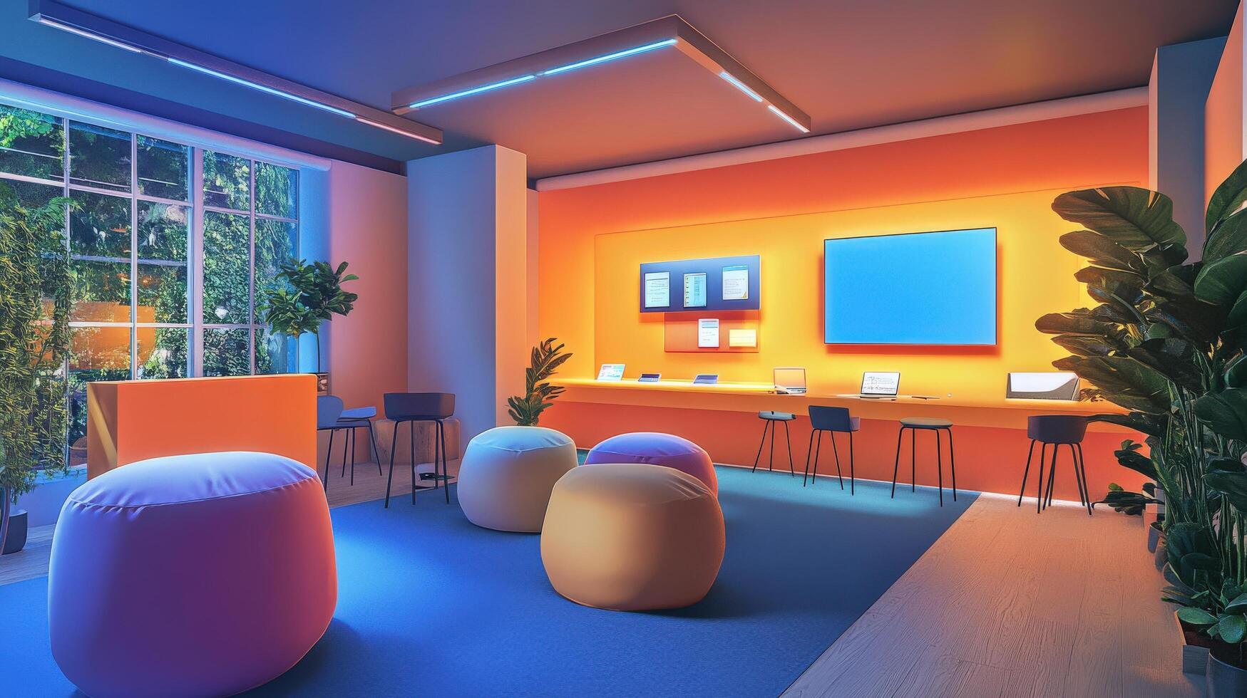Vibrant, modern, interior design of a colorful collaborative space. photo