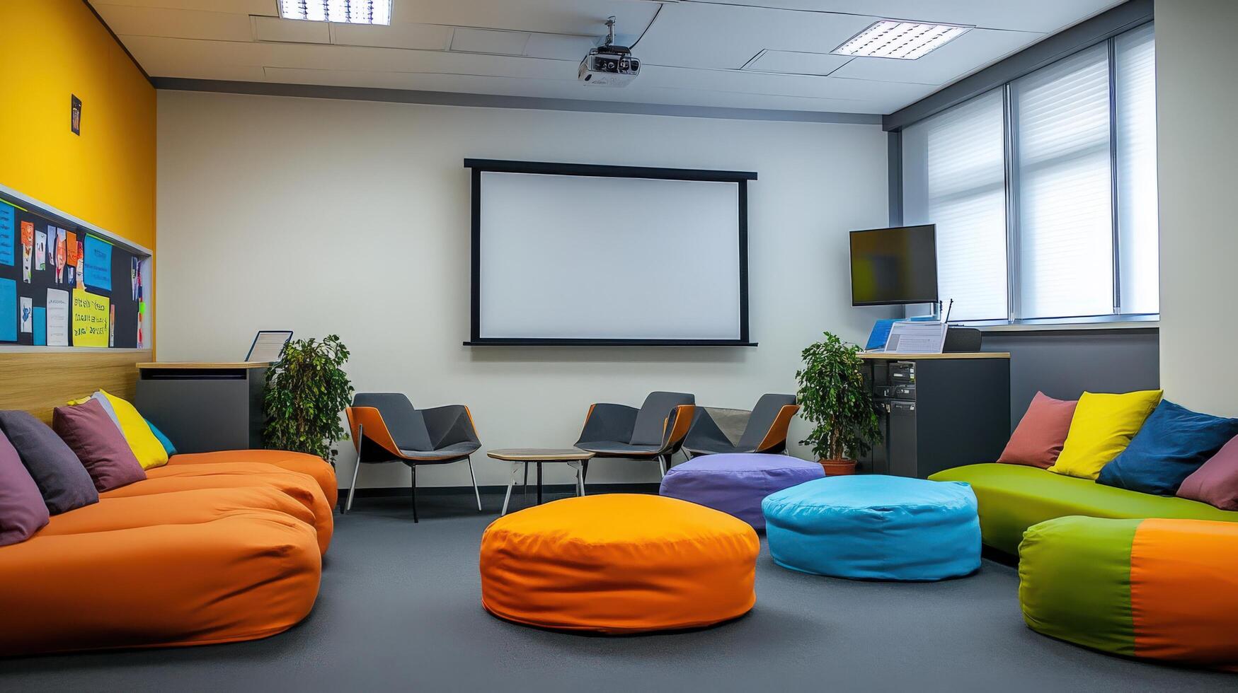 Colorful, modern meeting space furnished with comfortable seating. photo