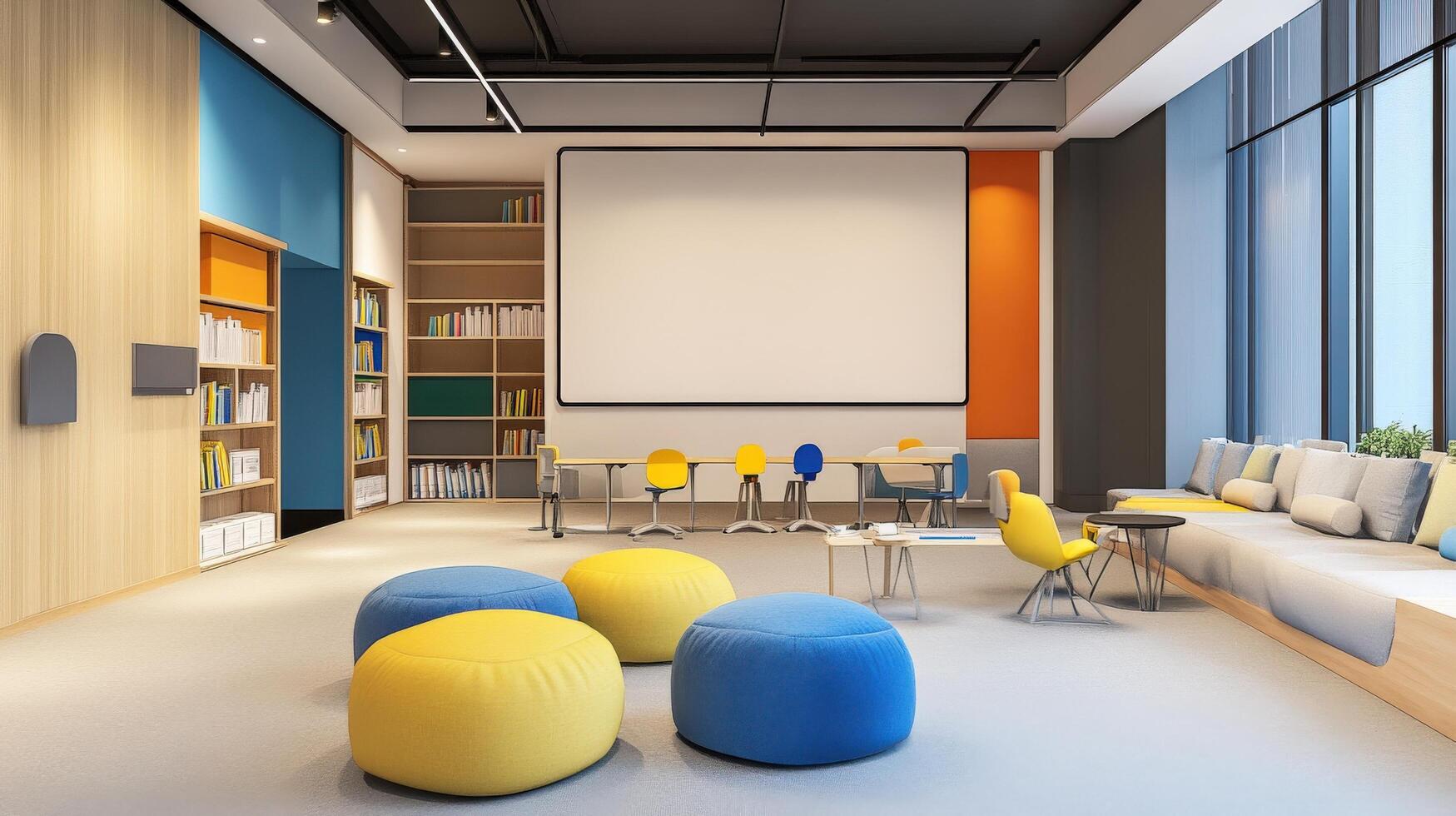 Modern, vibrant learning space with colorful furnishings. photo