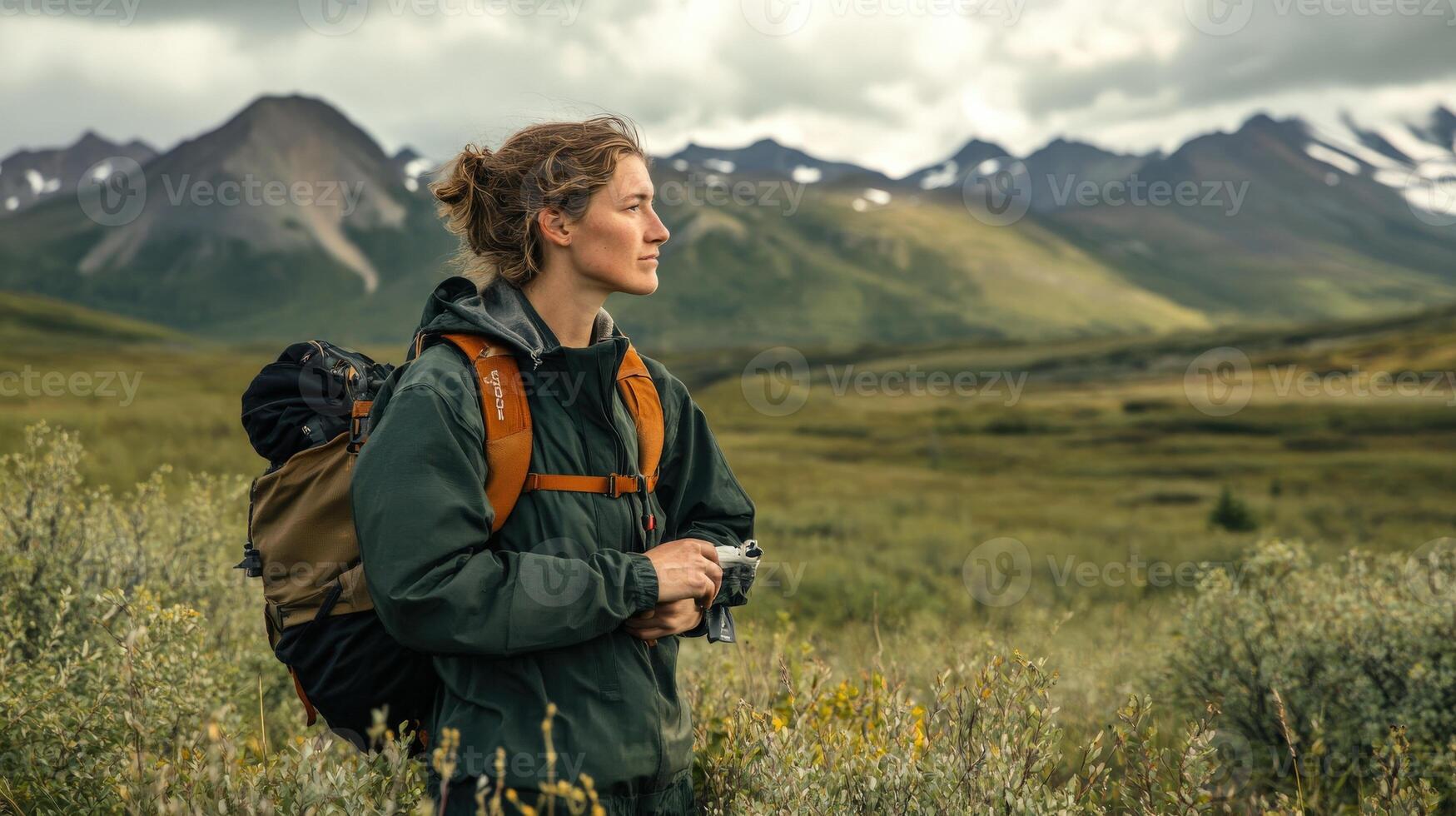 Adventurous woman with backpack in a mountain landscape. photo