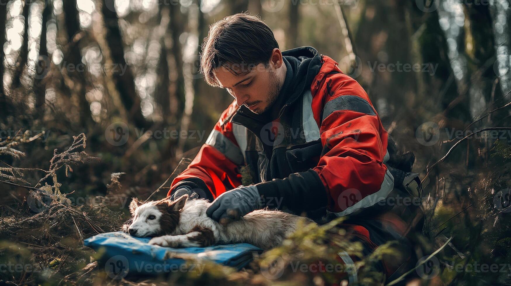 A person tending to an injured dog in a woodland setting. photo
