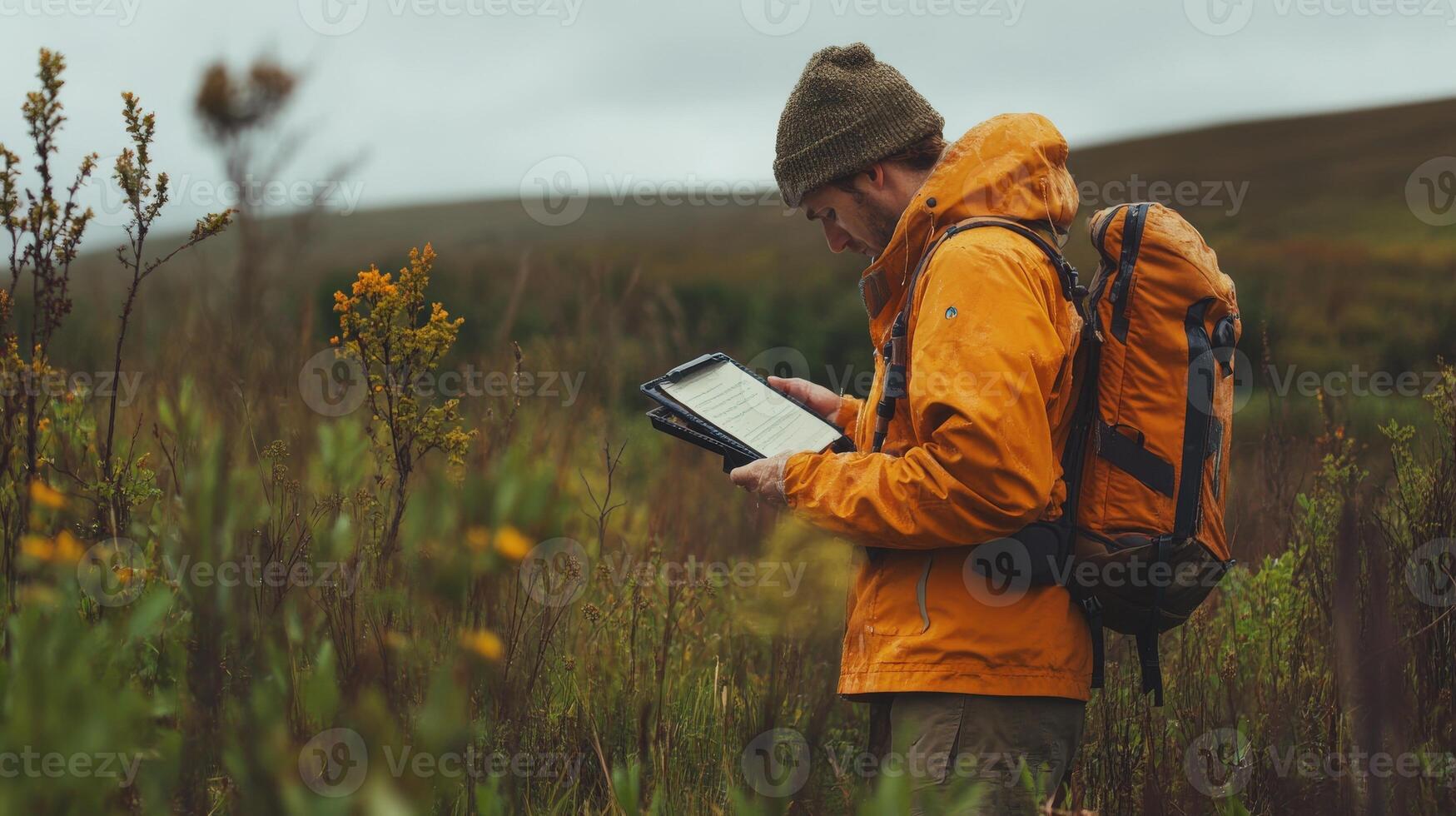 A person in an orange jacket examines a tablet in a field. photo