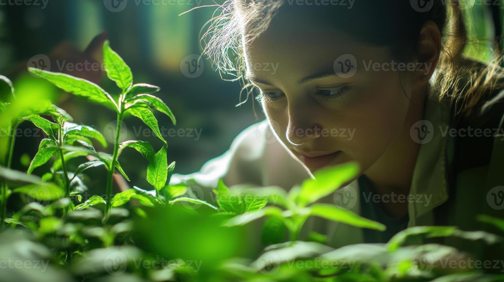 Focused young woman examining young plants in a greenhouse. photo