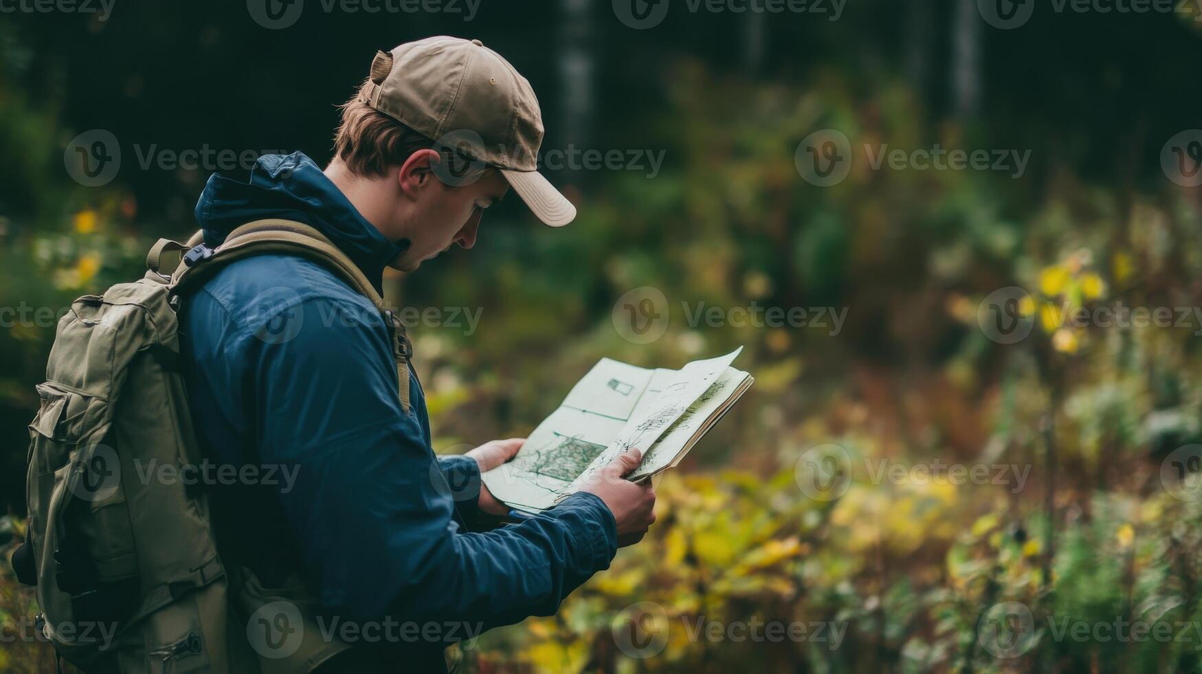 Focused individual studying a map in the woods. photo