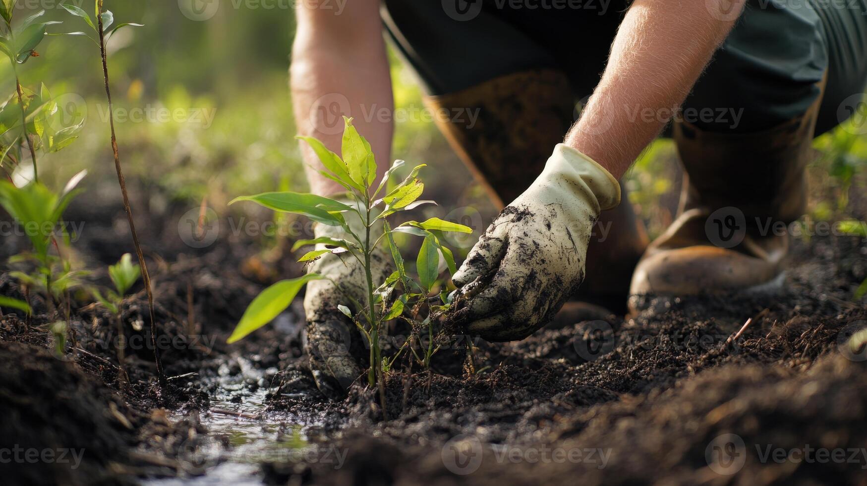 Close-up of hands planting a young sapling in the earth. photo