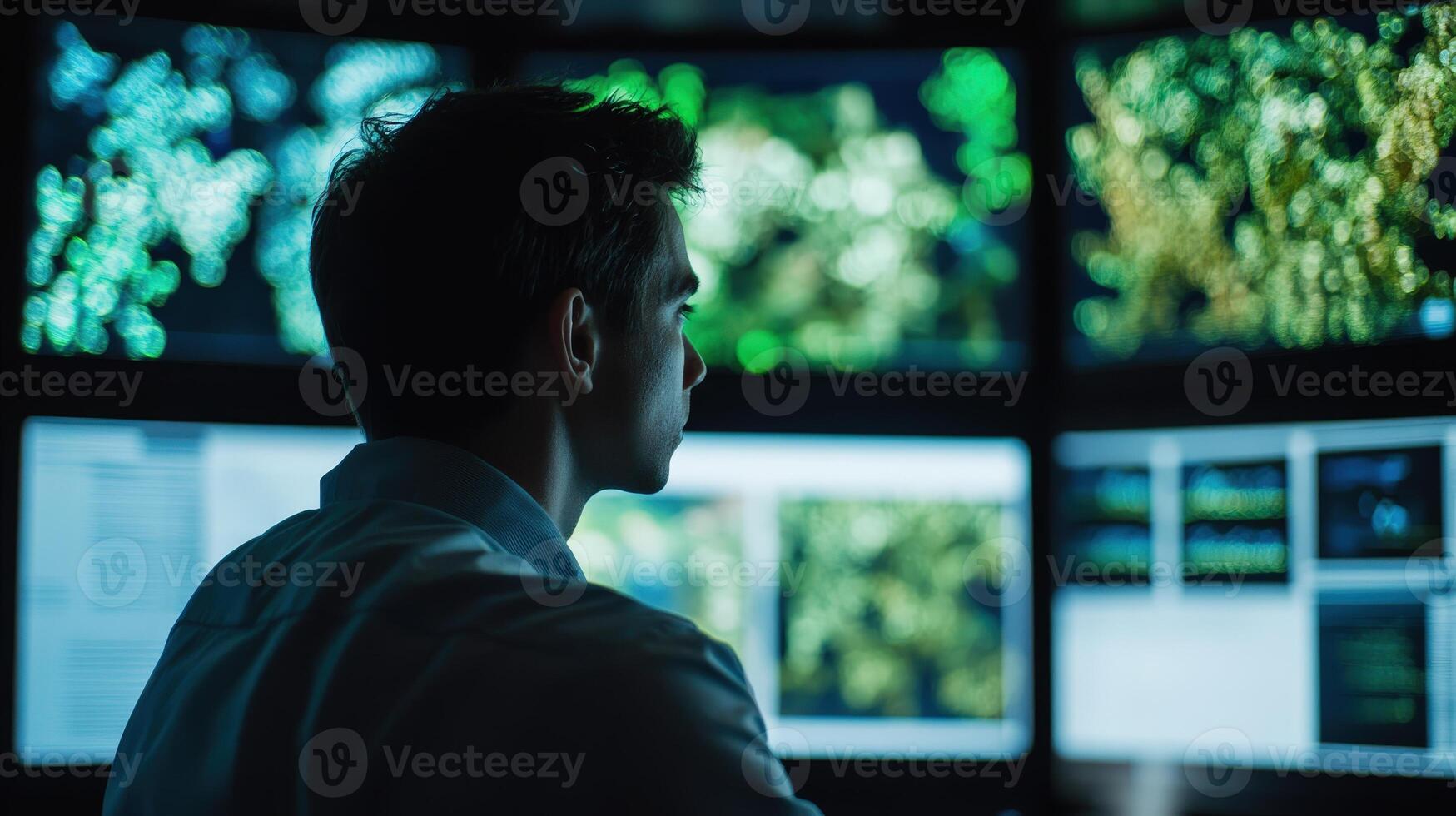 Focused individual observing multiple computer screens. photo