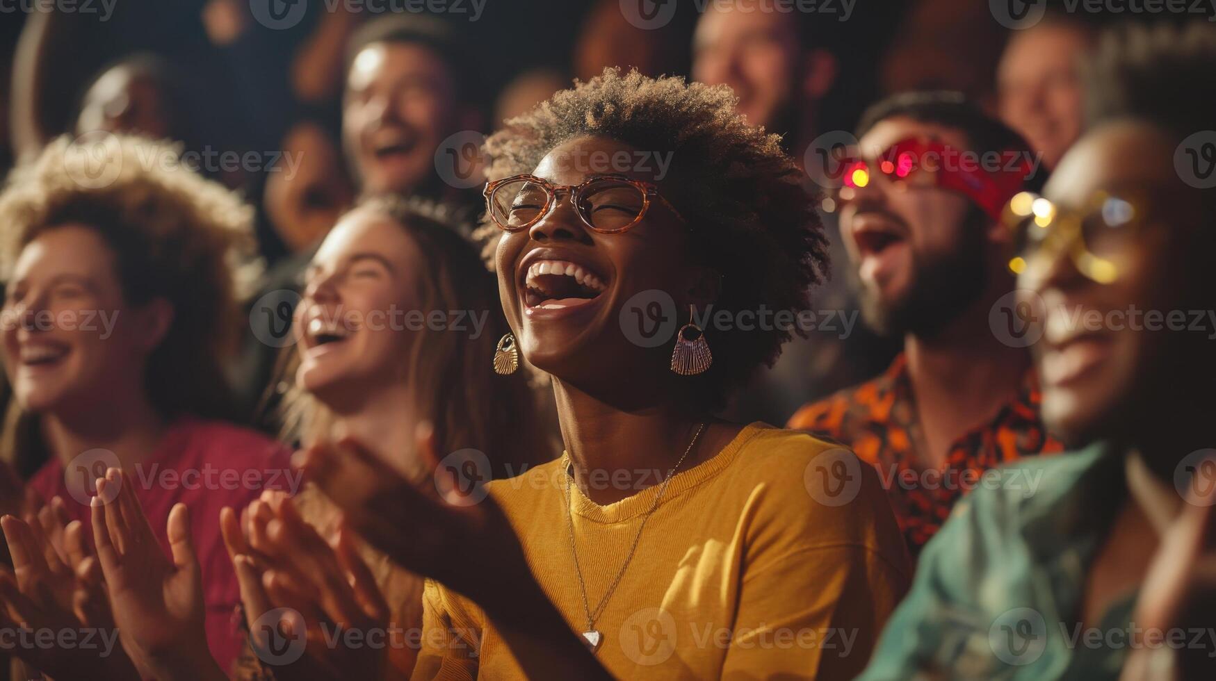 A diverse audience joyfully laughing in a theater. photo