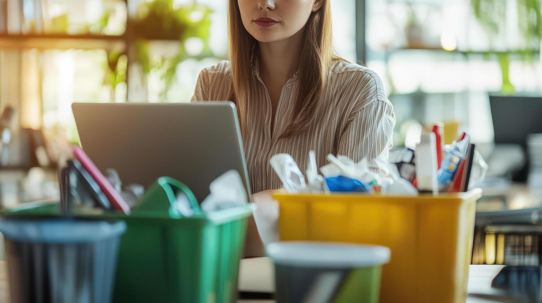 A woman using a computer by recycling bins at a table photo