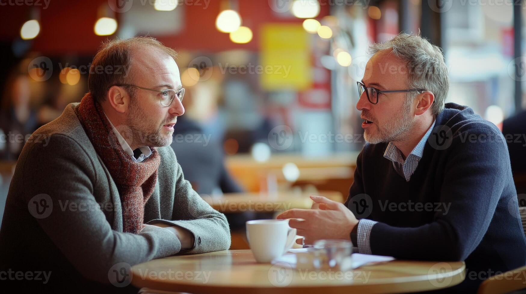 Two men engage in conversation in a cafe. photo