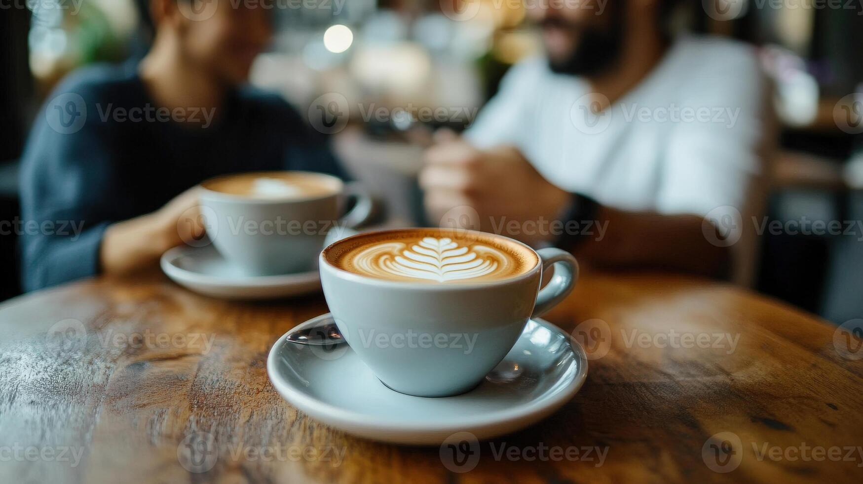 Two cups of coffee with latte art on a wooden table photo