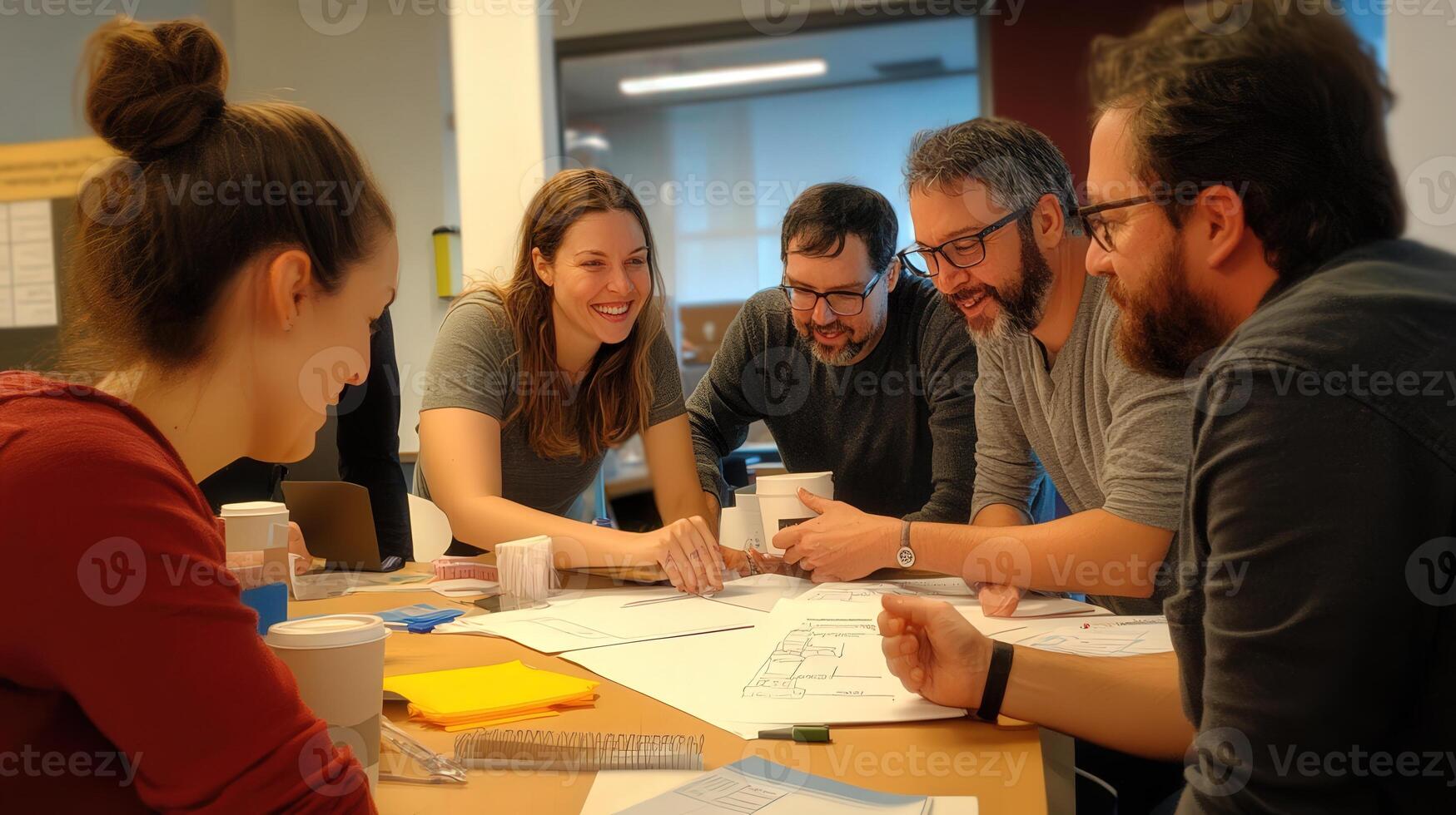 Collaborative group of people analyzing papers around a table together photo