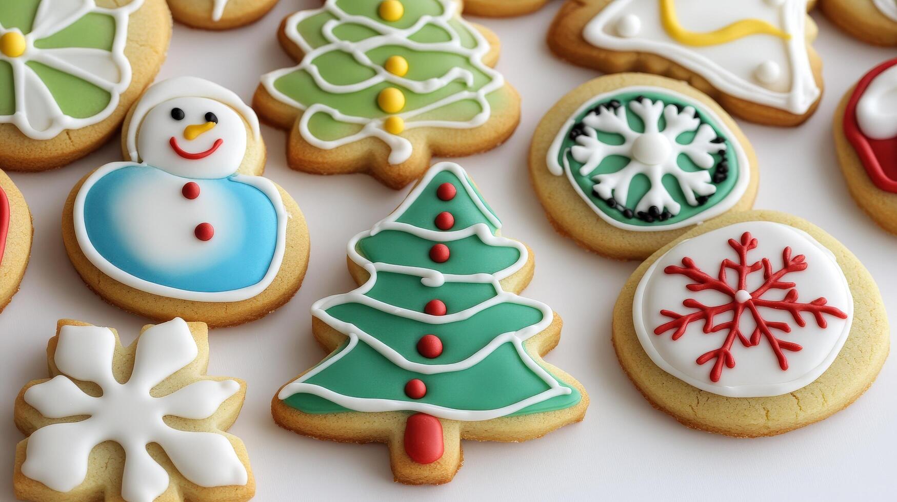 Christmas cookies are decorated with frosting and decorated with snowmen photo