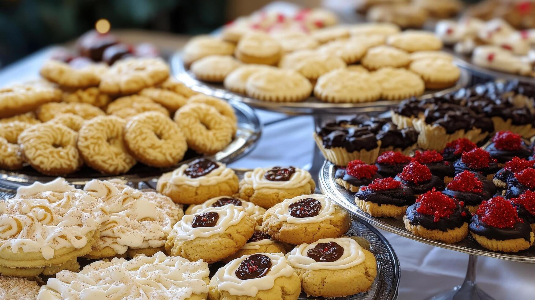A variety of sweet treats displayed on tiered trays. photo