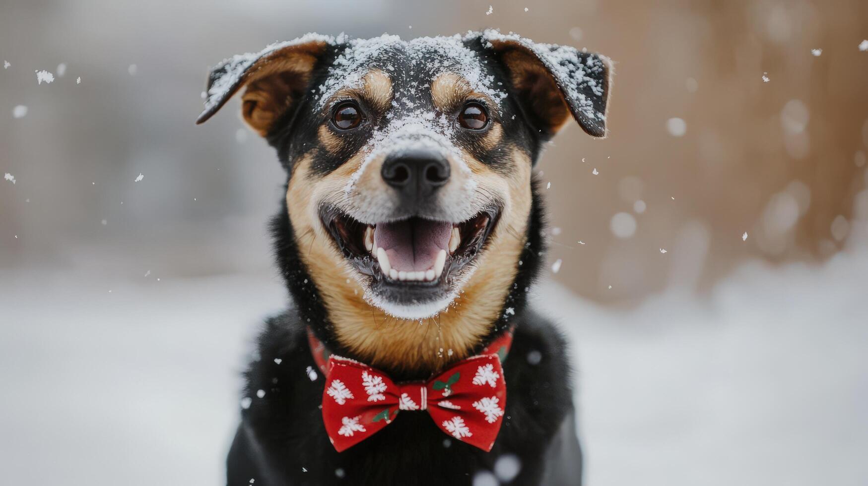 Playful dog in a festive bowtie, enjoying a snowy day. photo
