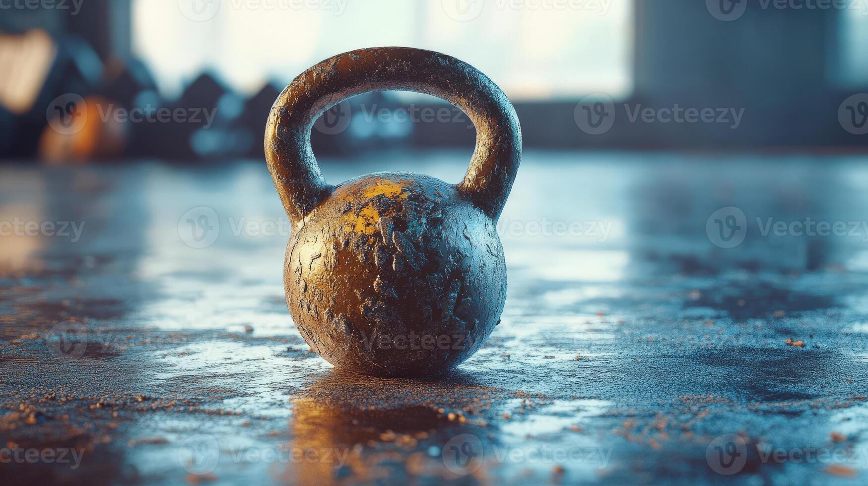 Rusty kettlebell on a textured exercise floor. photo