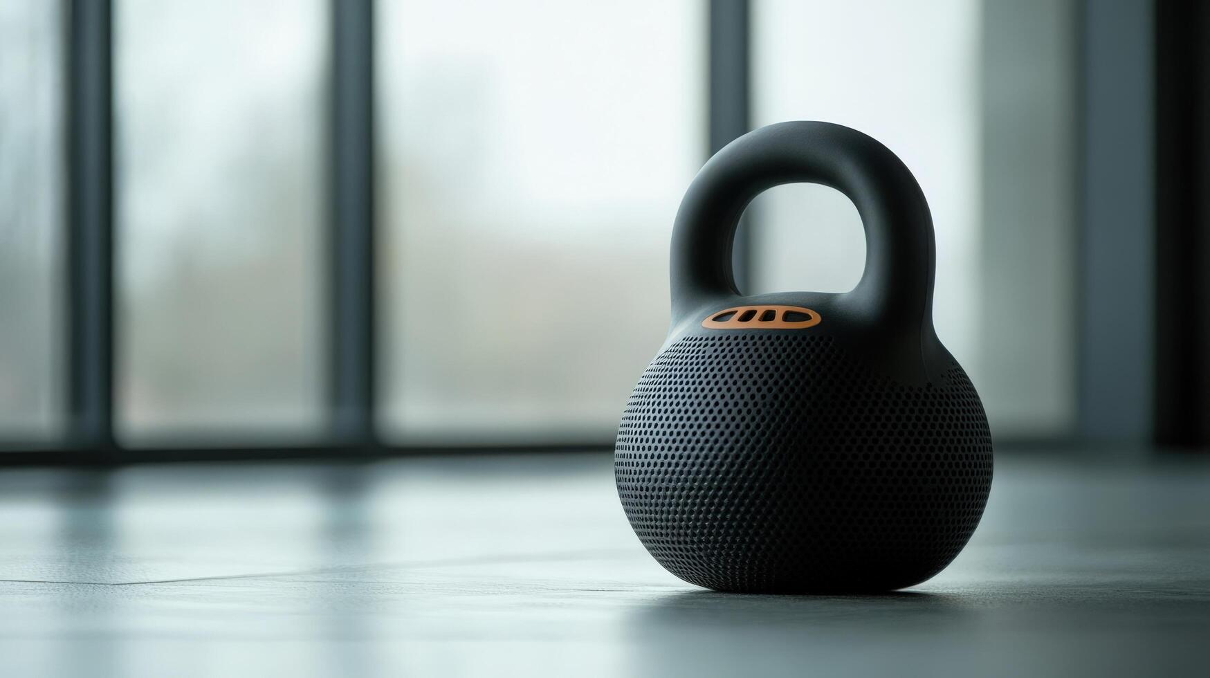 Modern kettlebell resting on a smooth floor. photo