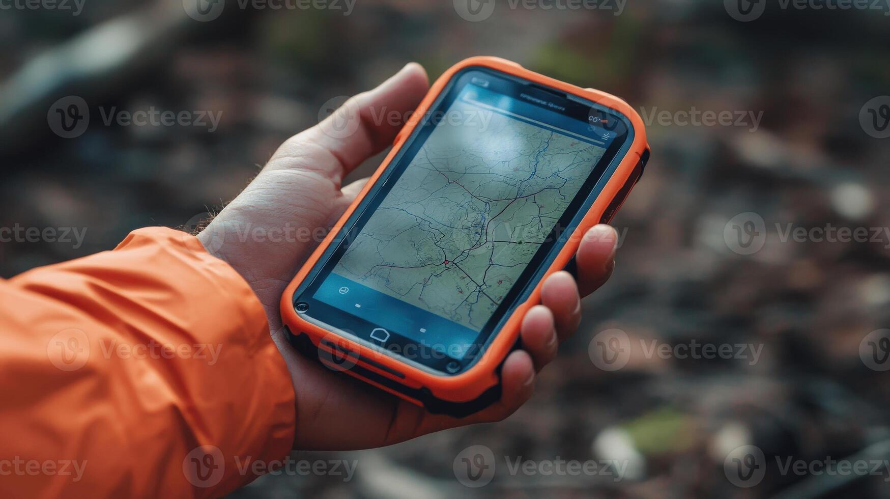 Close-up of a person's hand holding a smartphone with a map displayed. photo