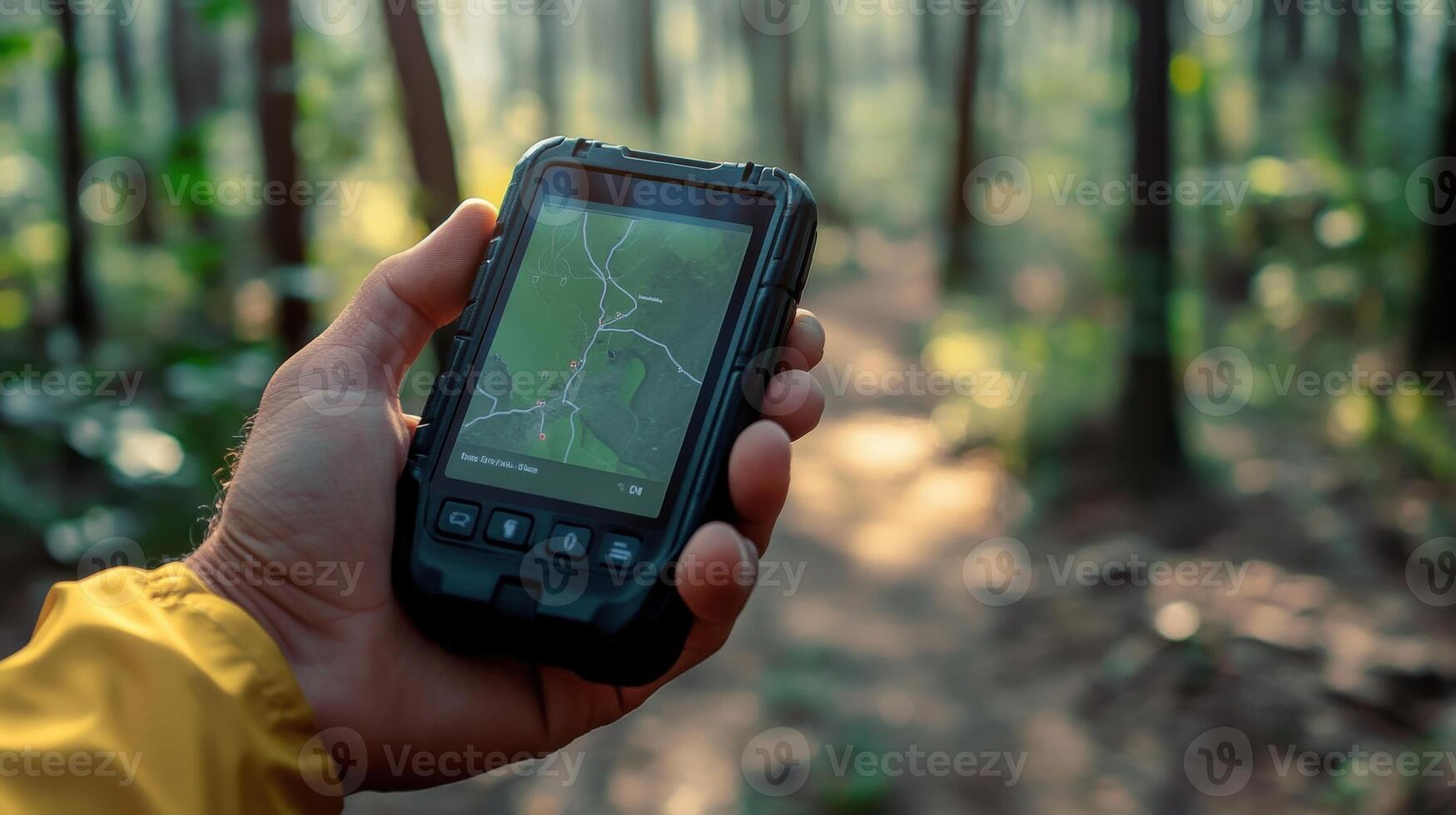 A person holds a rugged device displaying a digital map in a forest. photo