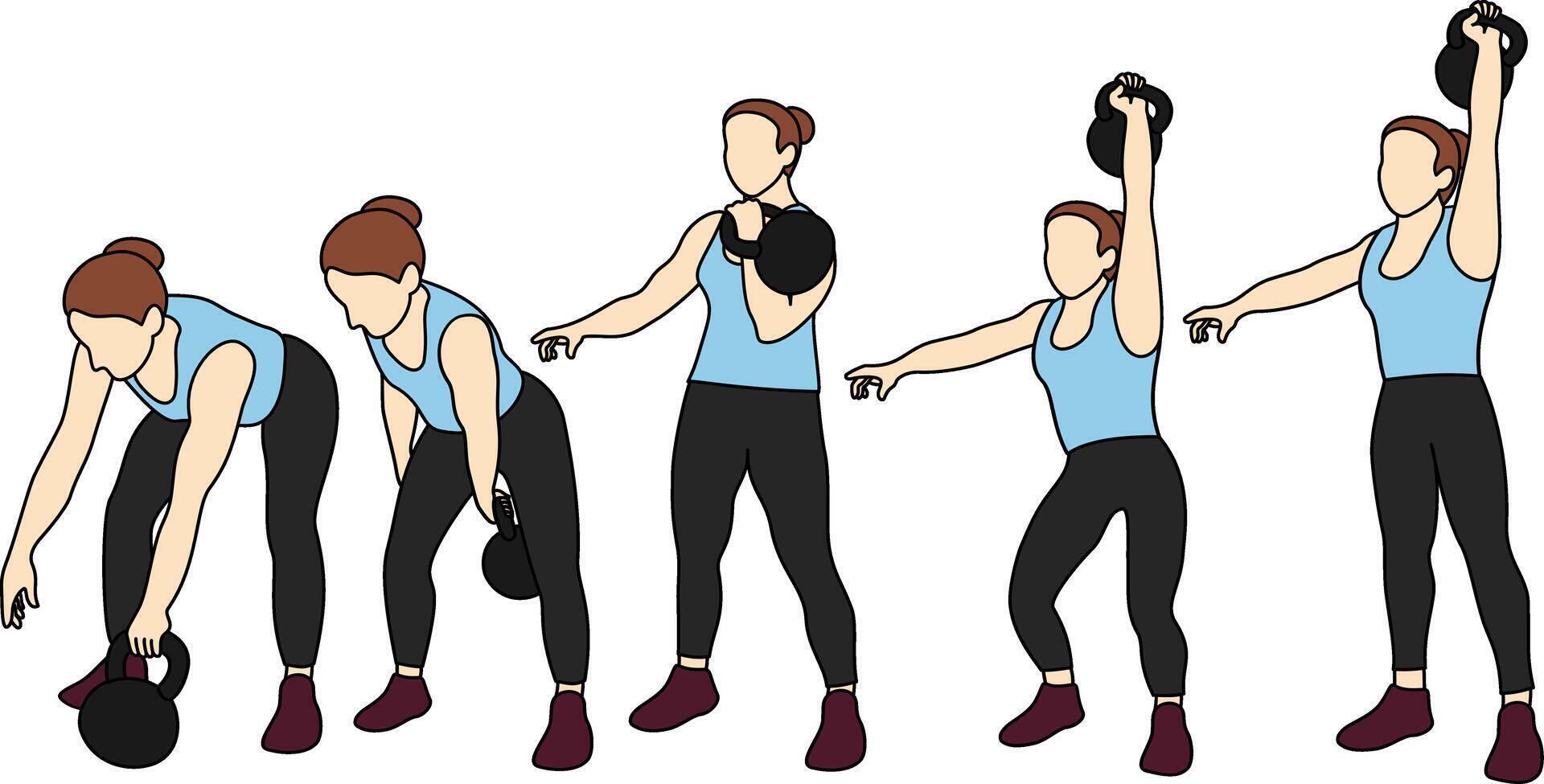 Side view illustration of a woman demonstrating the kettlebell clean and jerk in five stages. Ideal for gym, fitness, posters, online tutorials, health and wellness or strength training instructions vector