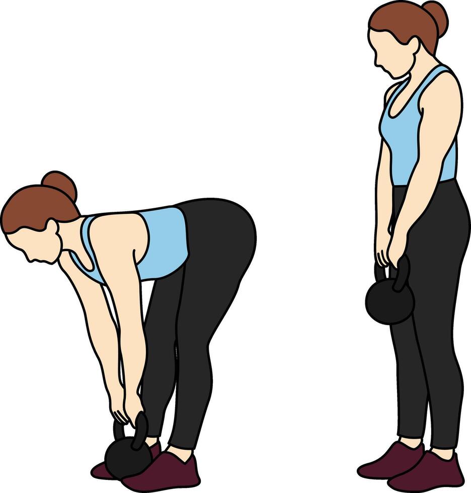 Side view illustration of a woman demonstrating the kettlebell deadlift in two stages. Ideal for gym, fitness, posters, online tutorials, health and wellness or strength training instructions vector