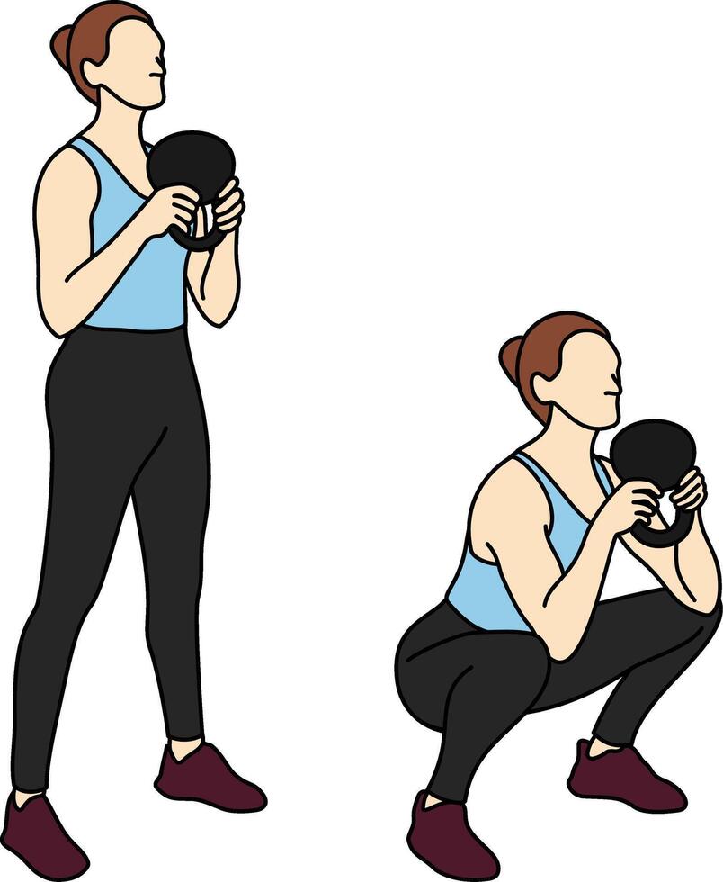 Side view illustration of a woman demonstrating the kettlebell goblet squat in two stages. Ideal for gym, fitness, posters, online tutorials, health and wellness or strength training instructions vector